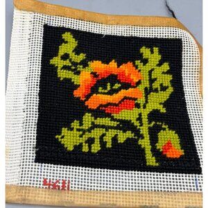 Vtg Hand Stitched Floral Complete Needlepoint Poppy Rose 4.25x4 Orange Decor